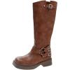 imageSHEMEE Womens Knee High Boots Comfort Square Toe Slip On Riding Motorcycle Boots Punk Chunky Low Heels Fashion Buckles Biker BootsBrown B