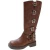 imageSHEMEE Womens Knee High Boots Comfort Square Toe Slip On Riding Motorcycle Boots Punk Chunky Low Heels Fashion Buckles Biker BootsBrown a