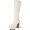 imageSHEMEE Womens Suede Stretch Boots Knee High Chunky Heels Platform Fashion Square Toe Block High Heels MidCalf BootsWhite