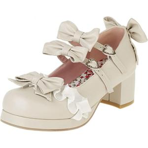 imageSHEMEE Womens Chunky Platform Buckle Ankle Strap Mary Jane Pumps Block Mid Heels Kawaii Sweet Bowknot Cosplay Dress ShoesBeige