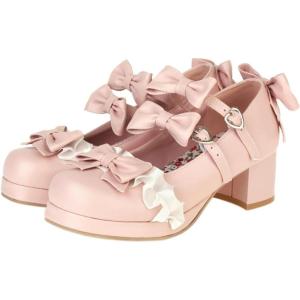 imageSHEMEE Womens Chunky Platform Buckle Ankle Strap Mary Jane Pumps Block Mid Heels Kawaii Sweet Bowknot Cosplay Dress ShoesPink
