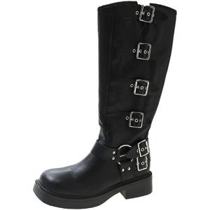 imageSHEMEE Womens Knee High Boots Comfort Square Toe Slip On Riding Motorcycle Boots Punk Chunky Low Heels Fashion Buckles Biker BootsBlack a