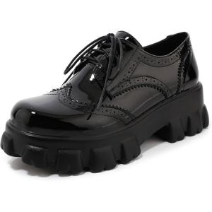 imageSHEMEE Womens Platform Oxfords Chunky Heels Loafer Lug Sole Lace Up Derby Shoes Comfort Business Work Office Dress PumpsBlack Patent X04