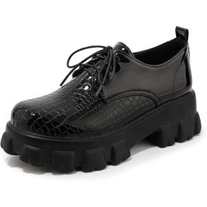 imageSHEMEE Womens Platform Oxfords Chunky Heels Loafer Lug Sole Lace Up Derby Shoes Comfort Business Work Office Dress PumpsBlack Patent X06