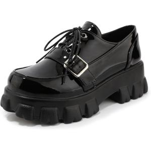 imageSHEMEE Womens Platform Oxfords Chunky Heels Loafer Lug Sole Lace Up Derby Shoes Comfort Business Work Office Dress PumpsBlack Patent X07