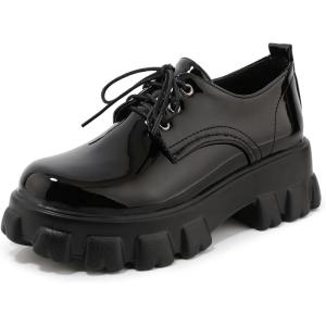 imageSHEMEE Womens Platform Oxfords Chunky Heels Loafer Lug Sole Lace Up Derby Shoes Comfort Business Work Office Dress PumpsBlack Patent X09