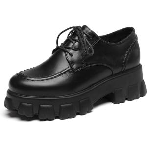 imageSHEMEE Womens Platform Oxfords Chunky Heels Loafer Lug Sole Lace Up Derby Shoes Comfort Business Work Office Dress PumpsBlack Pu C01