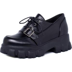 imageSHEMEE Womens Platform Oxfords Chunky Heels Loafer Lug Sole Lace Up Derby Shoes Comfort Business Work Office Dress PumpsBlack Pu X07