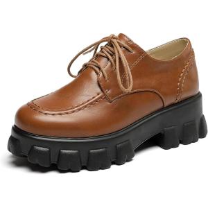 imageSHEMEE Womens Platform Oxfords Chunky Heels Loafer Lug Sole Lace Up Derby Shoes Comfort Business Work Office Dress PumpsBrown Pu C01