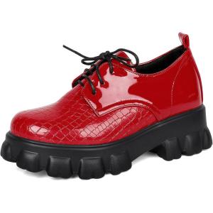imageSHEMEE Womens Platform Oxfords Chunky Heels Loafer Lug Sole Lace Up Derby Shoes Comfort Business Work Office Dress PumpsRed Patent X06