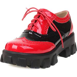imageSHEMEE Womens Platform Oxfords Chunky Heels Loafer Lug Sole Lace Up Derby Shoes Comfort Business Work Office Dress PumpsRedBlack L12