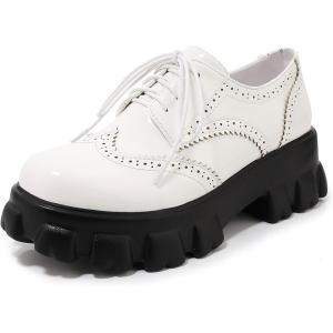 imageSHEMEE Womens Platform Oxfords Chunky Heels Loafer Lug Sole Lace Up Derby Shoes Comfort Business Work Office Dress PumpsWhite Patent X04