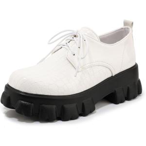 imageSHEMEE Womens Platform Oxfords Chunky Heels Loafer Lug Sole Lace Up Derby Shoes Comfort Business Work Office Dress PumpsWhite Patent X06