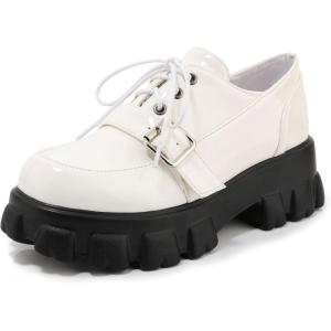 imageSHEMEE Womens Platform Oxfords Chunky Heels Loafer Lug Sole Lace Up Derby Shoes Comfort Business Work Office Dress PumpsWhite Patent X07