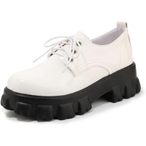 imageSHEMEE Womens Platform Oxfords Chunky Heels Loafer Lug Sole Lace Up Derby Shoes Comfort Business Work Office Dress PumpsWhite Patent X09