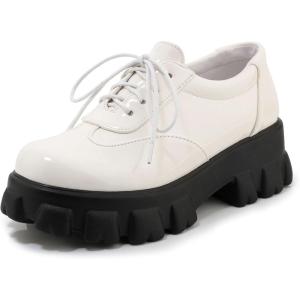 imageSHEMEE Womens Platform Oxfords Chunky Heels Loafer Lug Sole Lace Up Derby Shoes Comfort Business Work Office Dress PumpsWhite Patent X10