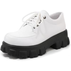 imageSHEMEE Womens Platform Oxfords Chunky Heels Loafer Lug Sole Lace Up Derby Shoes Comfort Business Work Office Dress PumpsWhite Pu X08