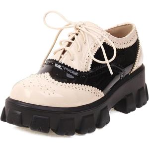 imageSHEMEE Womens Platform Oxfords Chunky Heels Loafer Lug Sole Lace Up Derby Shoes Comfort Business Work Office Dress PumpsWhiteBlack L12