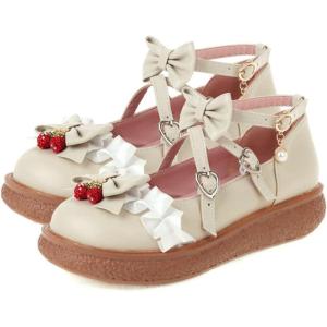 imageSHEMEE Womens Sweet Bow Platform Mary Janes Shoes Ankle Strap Buckle Round Toe Flat Mid Heels Dress PumpsBeige