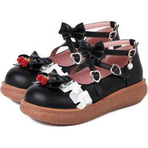 imageSHEMEE Womens Sweet Bow Platform Mary Janes Shoes Ankle Strap Buckle Round Toe Flat Mid Heels Dress PumpsBlack