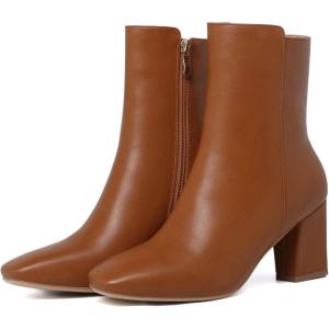 imageSHEMEE Womens Square Toe Block Heels Booties Chunky High Heeled Side Zipper Ankle Boots ShoesBrown