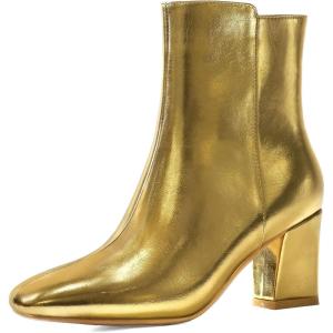 imageSHEMEE Womens Square Toe Block Heels Booties Chunky High Heeled Side Zipper Ankle Boots ShoesGold
