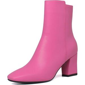 imageSHEMEE Womens Square Toe Block Heels Booties Chunky High Heeled Side Zipper Ankle Boots ShoesHot Pink