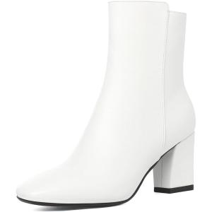 imageSHEMEE Womens Square Toe Block Heels Booties Chunky High Heeled Side Zipper Ankle Boots ShoesWhite