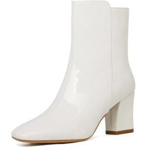 imageSHEMEE Womens Square Toe Block Heels Booties Chunky High Heeled Side Zipper Ankle Boots ShoesWhite Patent