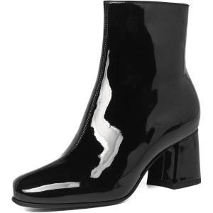 imageSHEMEE Womens Square Toe Chunky Ankle Booties Block Mid Heel Side Zipper Short BootsBlack Patent