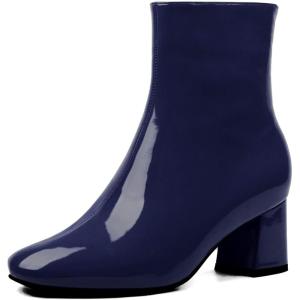 imageSHEMEE Womens Square Toe Chunky Ankle Booties Block Mid Heel Side Zipper Short BootsDarkblue Patent
