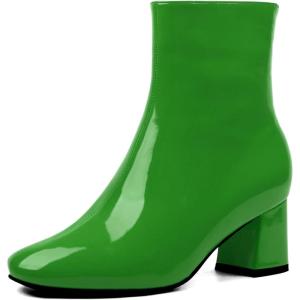 imageSHEMEE Womens Square Toe Chunky Ankle Booties Block Mid Heel Side Zipper Short BootsGreen Patent