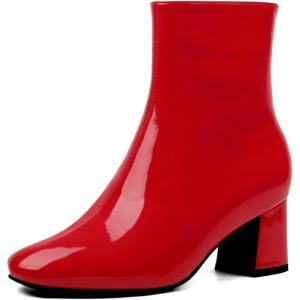 imageSHEMEE Womens Square Toe Chunky Ankle Booties Block Mid Heel Side Zipper Short BootsRed Patent