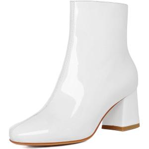 imageSHEMEE Womens Square Toe Chunky Ankle Booties Block Mid Heel Side Zipper Short BootsWhite Patent