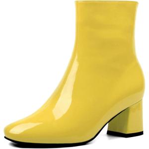 imageSHEMEE Womens Square Toe Chunky Ankle Booties Block Mid Heel Side Zipper Short BootsYellow Patent