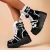 imageSHEMEE Cute Wedge Platform Biker Boots for Women Y2k Punk Riding Motorcycle Boots Chunky High Heels Zipper Lace Up Combat Ankle BootsBlack