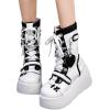imageSHEMEE Cute Wedge Platform Biker Boots for Women Y2k Punk Riding Motorcycle Boots Chunky High Heels Zipper Lace Up Combat Ankle BootsWhite