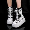 imageSHEMEE Cute Wedge Platform Biker Boots for Women Y2k Punk Riding Motorcycle Boots Chunky High Heels Zipper Lace Up Combat Ankle BootsWhite