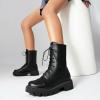 imageSHEMEE Womens Chunky Low Heels Ankle Boots Comfort Round Square Toe Lace Up Combat Boots Flats British Motorcycle Biker BootsBlack
