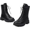 imageSHEMEE Womens Chunky Low Heels Ankle Boots Comfort Round Square Toe Lace Up Combat Boots Flats British Motorcycle Biker BootsBlack
