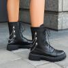 imageSHEMEE Womens Chunky Low Heels Ankle Boots Comfort Round Square Toe Lace Up Combat Boots Flats British Motorcycle Biker BootsBlack With Chain