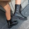 imageSHEMEE Womens Chunky Low Heels Ankle Boots Comfort Round Square Toe Lace Up Combat Boots Flats British Motorcycle Biker BootsBlack With Chain