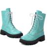 imageSHEMEE Womens Chunky Low Heels Ankle Boots Comfort Round Square Toe Lace Up Combat Boots Flats British Motorcycle Biker BootsBlue