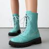 imageSHEMEE Womens Chunky Low Heels Ankle Boots Comfort Round Square Toe Lace Up Combat Boots Flats British Motorcycle Biker BootsBlue