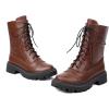 imageSHEMEE Womens Chunky Low Heels Ankle Boots Comfort Round Square Toe Lace Up Combat Boots Flats British Motorcycle Biker BootsBrown