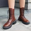 imageSHEMEE Womens Chunky Low Heels Ankle Boots Comfort Round Square Toe Lace Up Combat Boots Flats British Motorcycle Biker BootsBrown