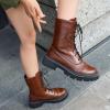 imageSHEMEE Womens Chunky Low Heels Ankle Boots Comfort Round Square Toe Lace Up Combat Boots Flats British Motorcycle Biker BootsBrown