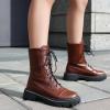 imageSHEMEE Womens Chunky Low Heels Ankle Boots Comfort Round Square Toe Lace Up Combat Boots Flats British Motorcycle Biker BootsBrown