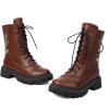 imageSHEMEE Womens Chunky Low Heels Ankle Boots Comfort Round Square Toe Lace Up Combat Boots Flats British Motorcycle Biker BootsBrown With Chain