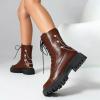 imageSHEMEE Womens Chunky Low Heels Ankle Boots Comfort Round Square Toe Lace Up Combat Boots Flats British Motorcycle Biker BootsBrown With Chain